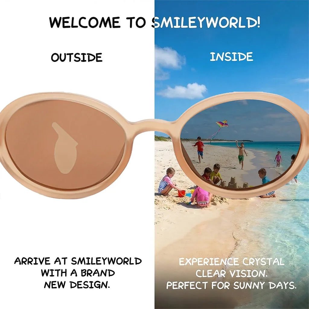 Comparison view of SmileyWorld acorn brown oval kids sunglasses demonstrating seamless lens printing technology. The left 'outside' view shows an oval design on the lens, while the right 'inside' view reveals crystal clear vision of children playing on a sunny beach.