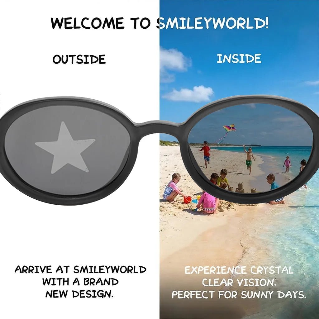 Comparison view of SmileyWorld obsidian black oval kids sunglasses demonstrating seamless lens printing technology. The left 'outside' view shows a star design on the lens, while the right 'inside' view reveals crystal clear vision of children playing on a sunny beach.