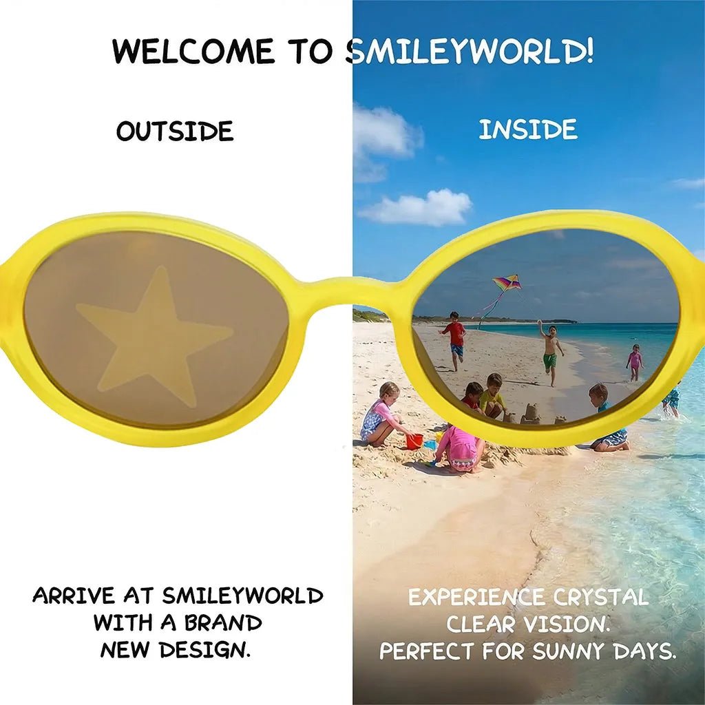Comparison view of SmileyWorld sunlight yellow oval kids sunglasses demonstrating seamless lens printing technology. The left 'outside' view shows a star design on the lens, while the right 'inside' view reveals crystal clear vision of children playing on a sunny beach.