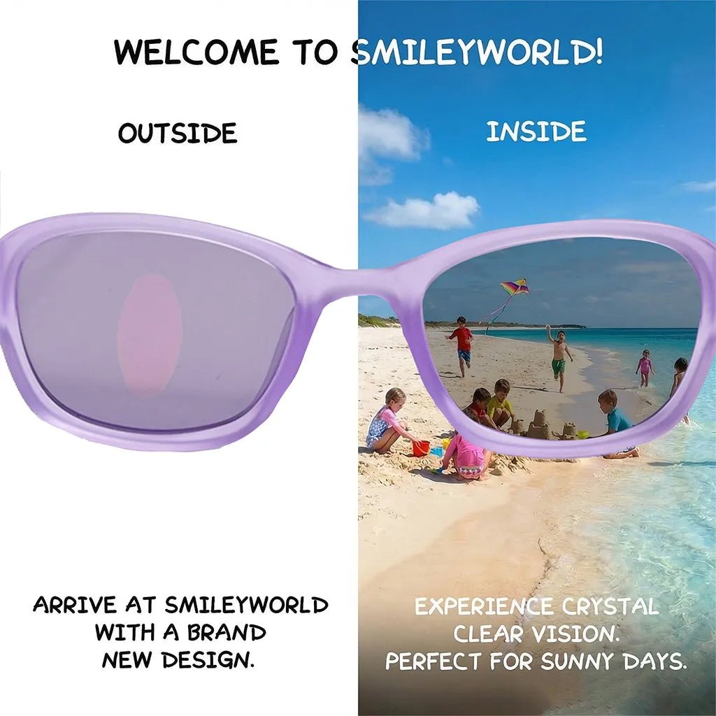 Comparison view of SmileyWorld coral purple square kids sunglasses demonstrating seamless lens printing technology. The left 'outside' view shows an oval design on the lens, while the right 'inside' view reveals crystal clear vision of children playing on a sunny beach.