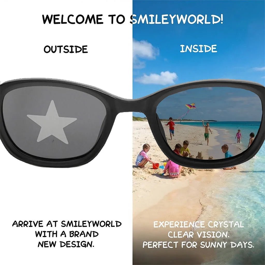 Comparison view of SmileyWorld obsidian black square kids sunglasses demonstrating seamless lens printing technology. The left 'outside' view shows a star design on the lens, while the right 'inside' view reveals crystal clear vision of children playing on a sunny beach.