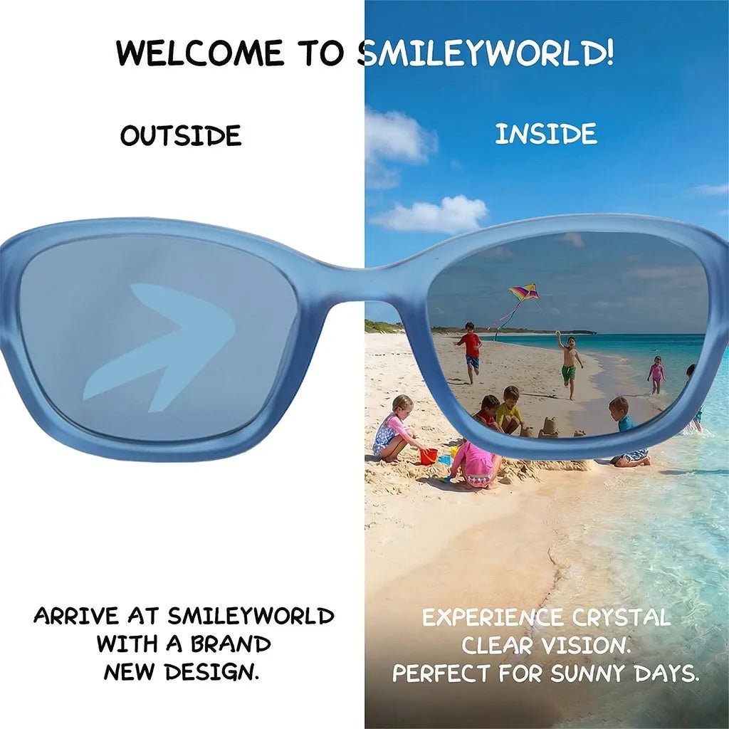 Comparison view of SmileyWorld sea blue square kids sunglasses demonstrating seamless lens printing technology. The left 'outside' view shows an arrow design on the lens, while the right 'inside' view reveals crystal clear vision of children playing on a sunny beach.