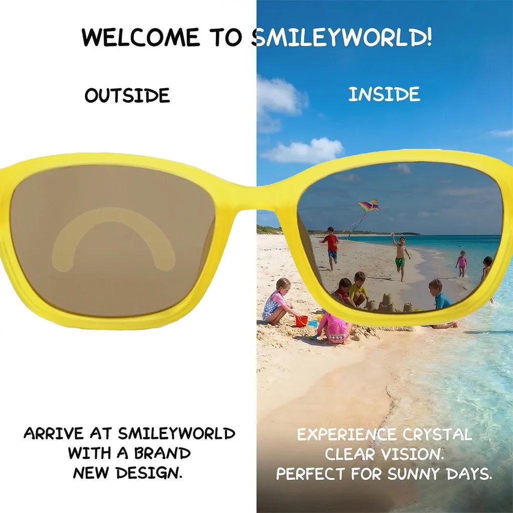 Comparison view of SmileyWorld sunlight yellow square kids sunglasses demonstrating seamless lens printing technology. The left 'outside' view shows a closed happy eyes design on the lens, while the right 'inside' view reveals crystal clear vision of children playing on a sunny beach.